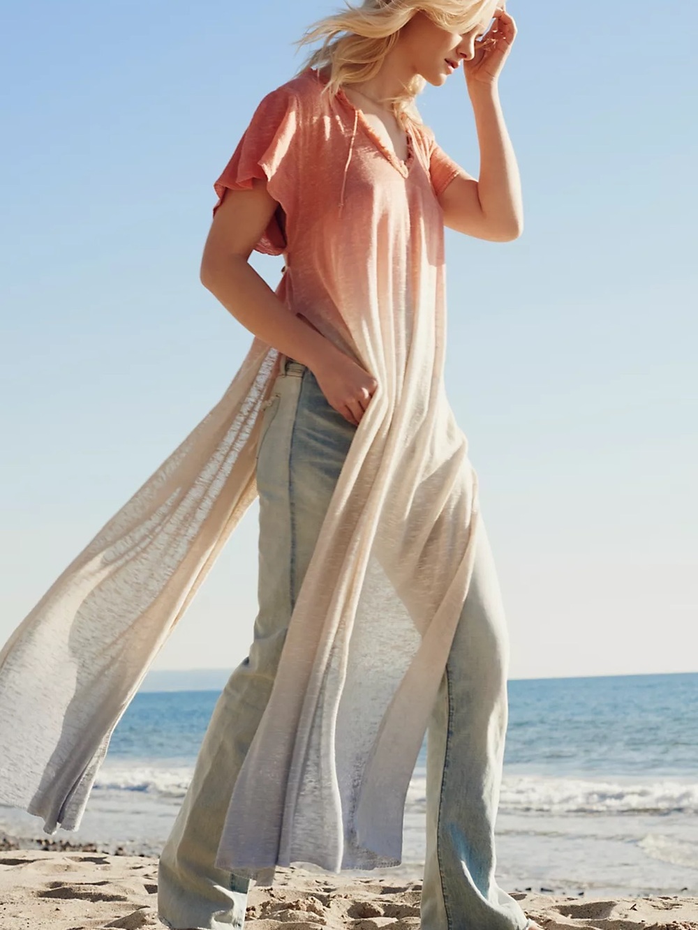 Free People Double Dip Tunic Ombré Long Duster Swim cover top Patriotic